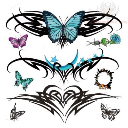 Butterflies And Tribal Lowerback Tattoo Design